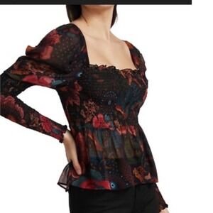 Farm Rio River Creatures Top Black Floral Smocked Long Sleeve Whimsigoth Sheer L